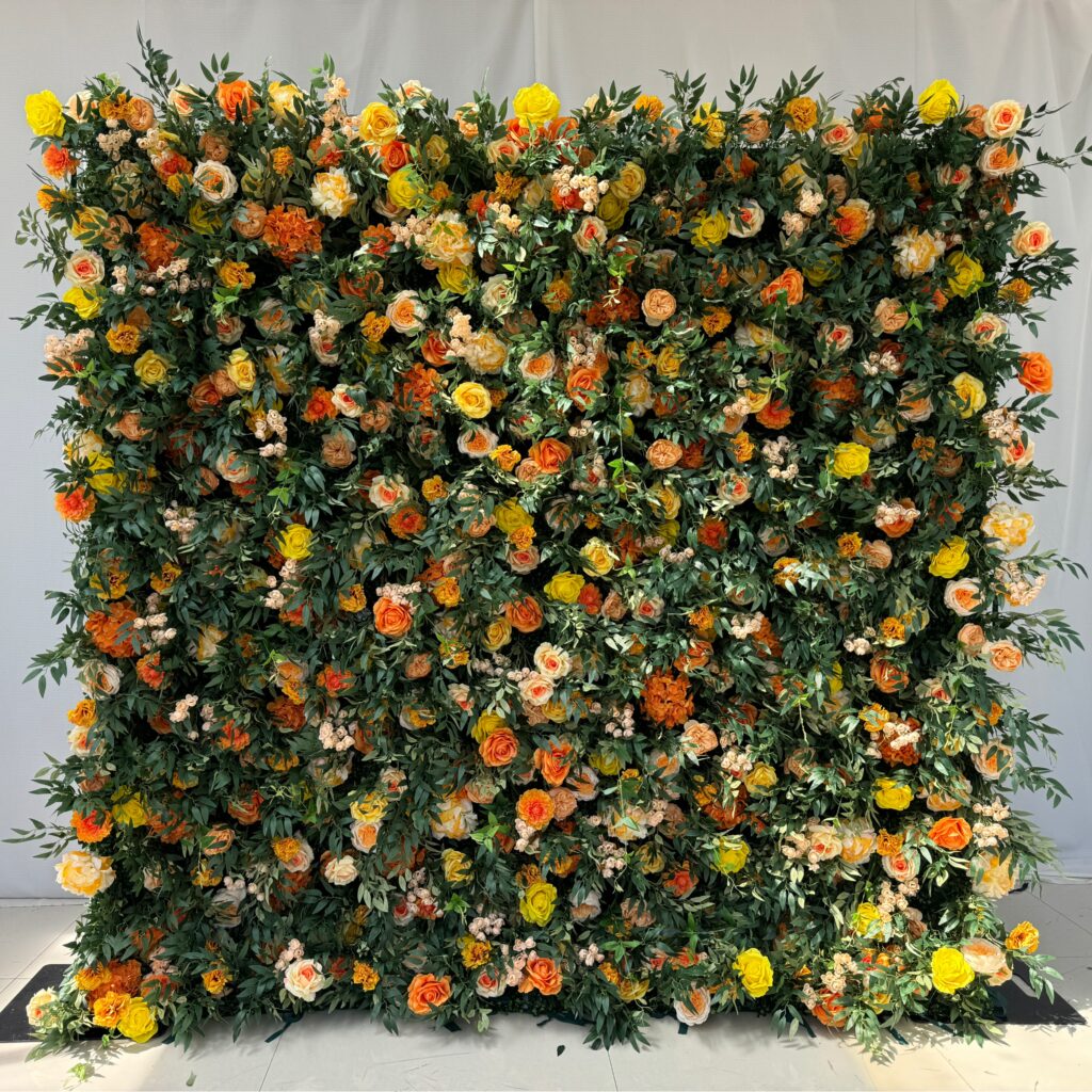 W011 8*8ft orange and greenery grass wall roll up floral backdrop