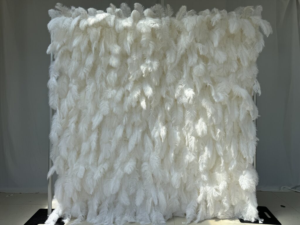 W009 5D 8*8ft full white feather wall  roll up floral backdrop