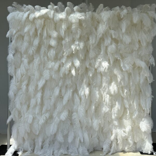 W009 5D 8*8ft full white feather wall roll up floral backdrop