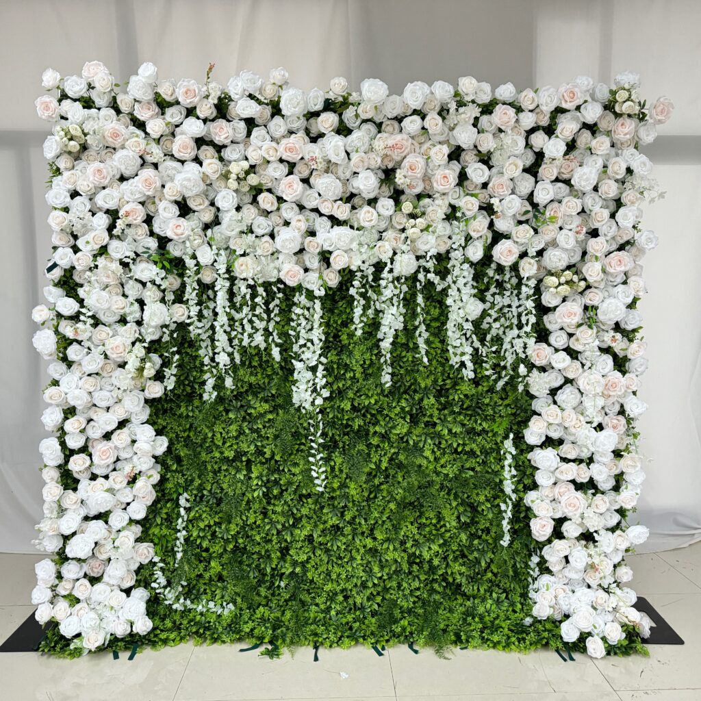 W039 8*8 ft white roses and greenery flower wall fabric panel for wedding event party baby shower decor