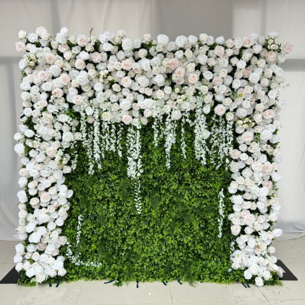 W039 8*8 ft white roses and greenery flower wall fabric panel for wedding event party baby shower decor