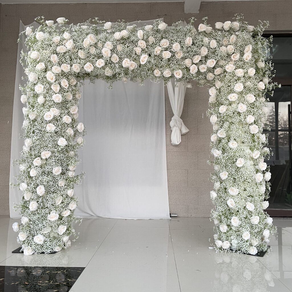 A004 8*8ft babys breath and white rose flower arch for wedding floral backdrop