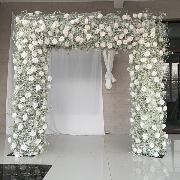 A004 8*8ft babys breath and white rose flower arch for wedding floral backdrop