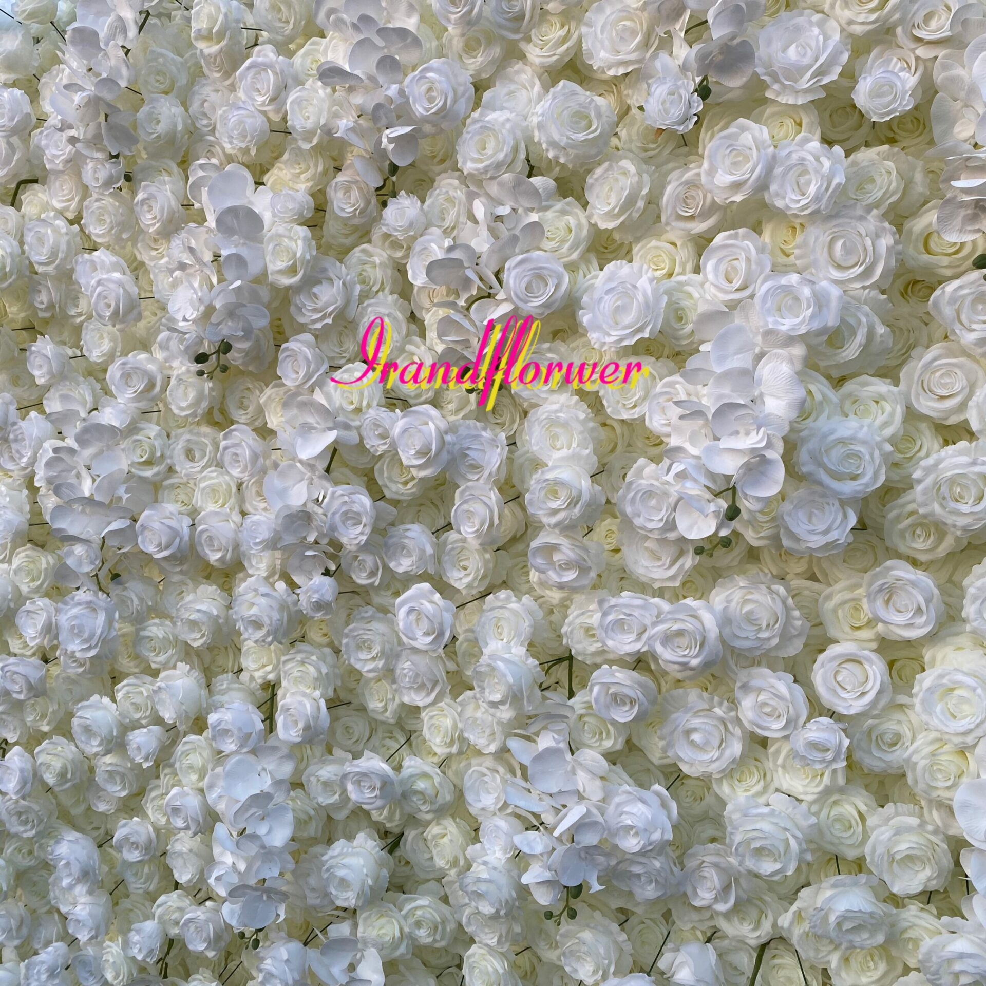 W050 8*8ft white flower wall with white roses and orchids for baby shower decor