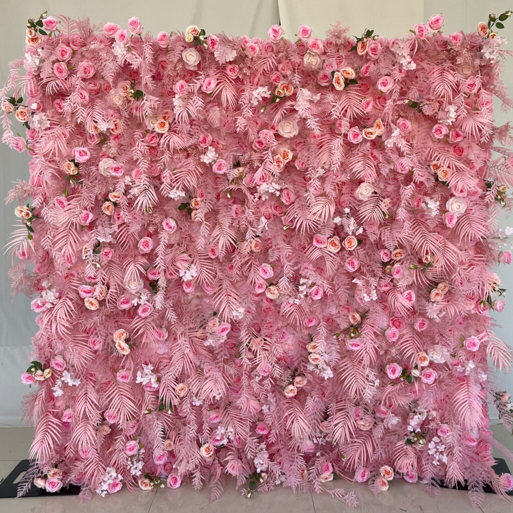 W047 8*8ft pink flower wall pampas grass fabric panel artificial flowers for wedding decor