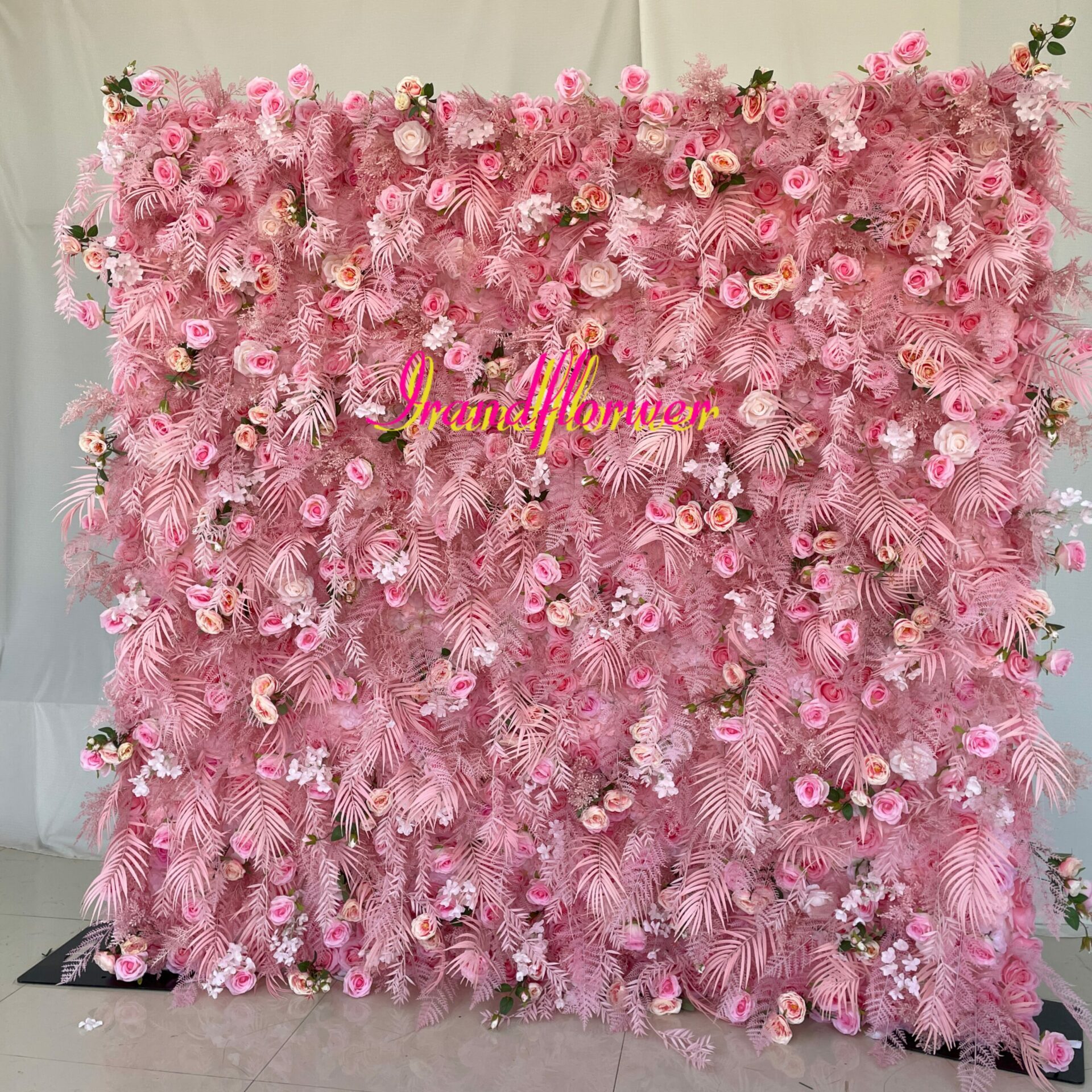 W047 8*8ft pink flower wall pampas grass fabric panel artificial flowers for wedding decor
