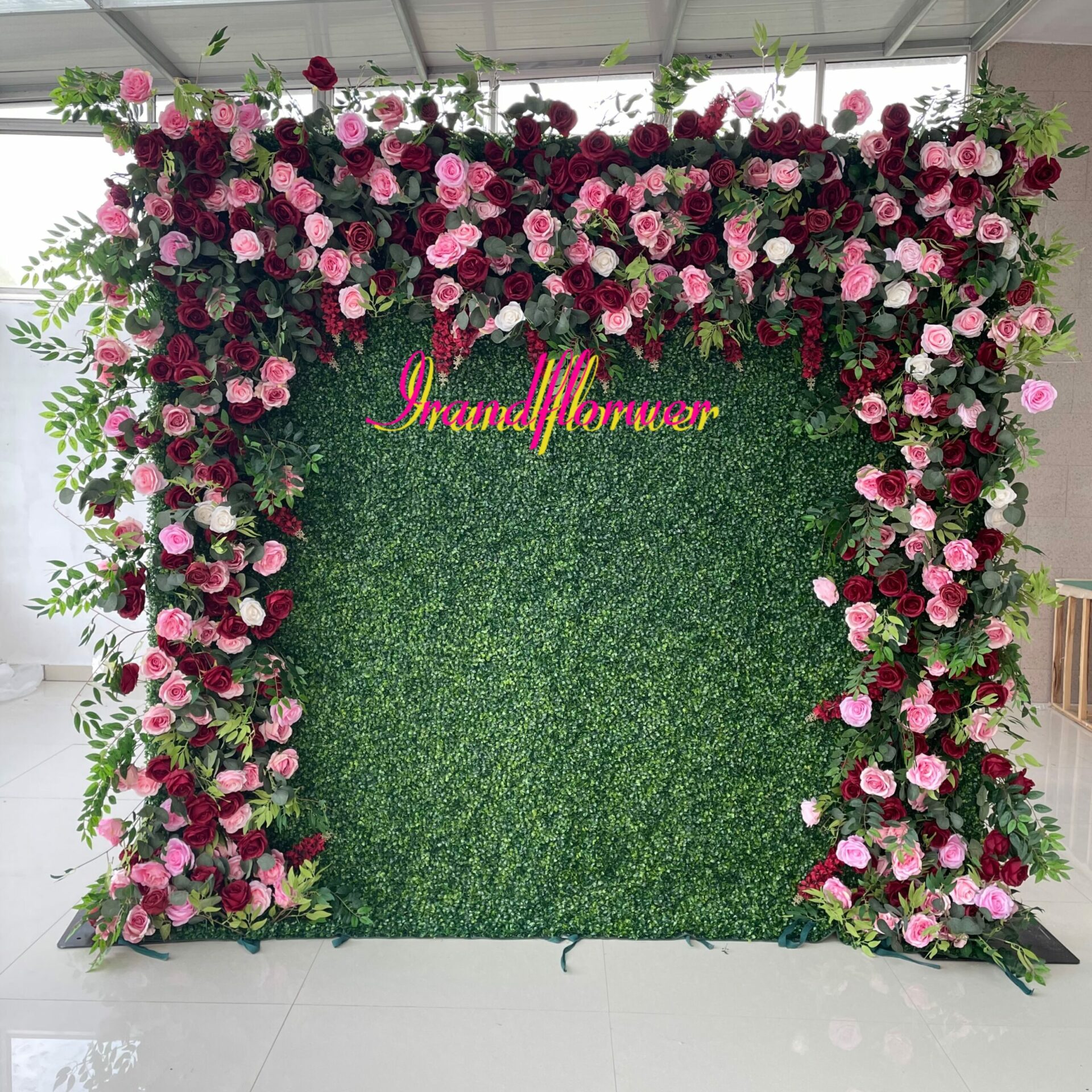 W026 greenery and pink flower full wall for wedding event party decor 8*8ft