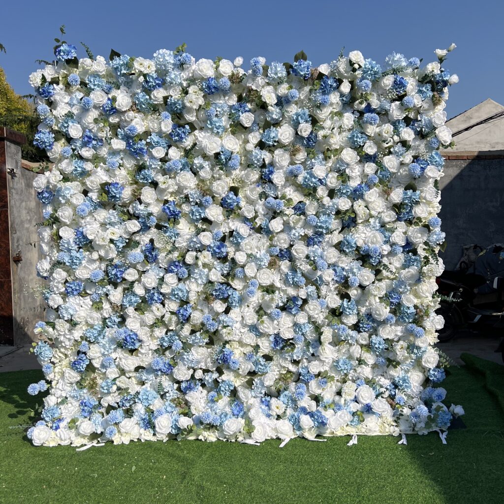 W005 5D 8*8ft blue and white rose flower wall backdrop roll up 8*8 ft backdrop