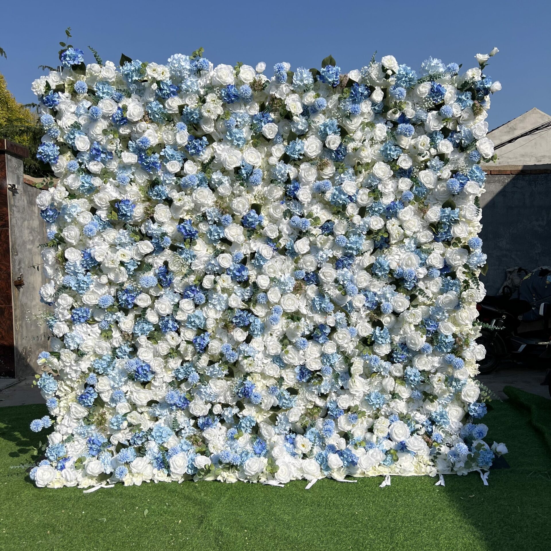 W005 5D 8*8ft blue and white rose flower wall backdrop roll up 8*8 ft backdrop