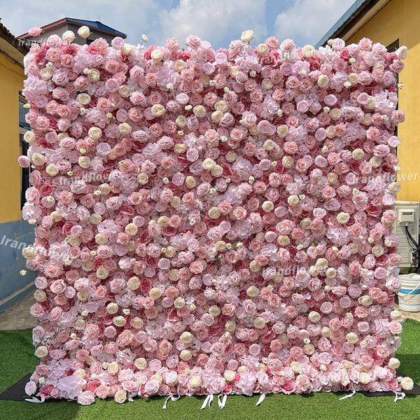 W062 8*8 ft floral backdrop pink flower wall  with a few cream roses  for wedding  decoration