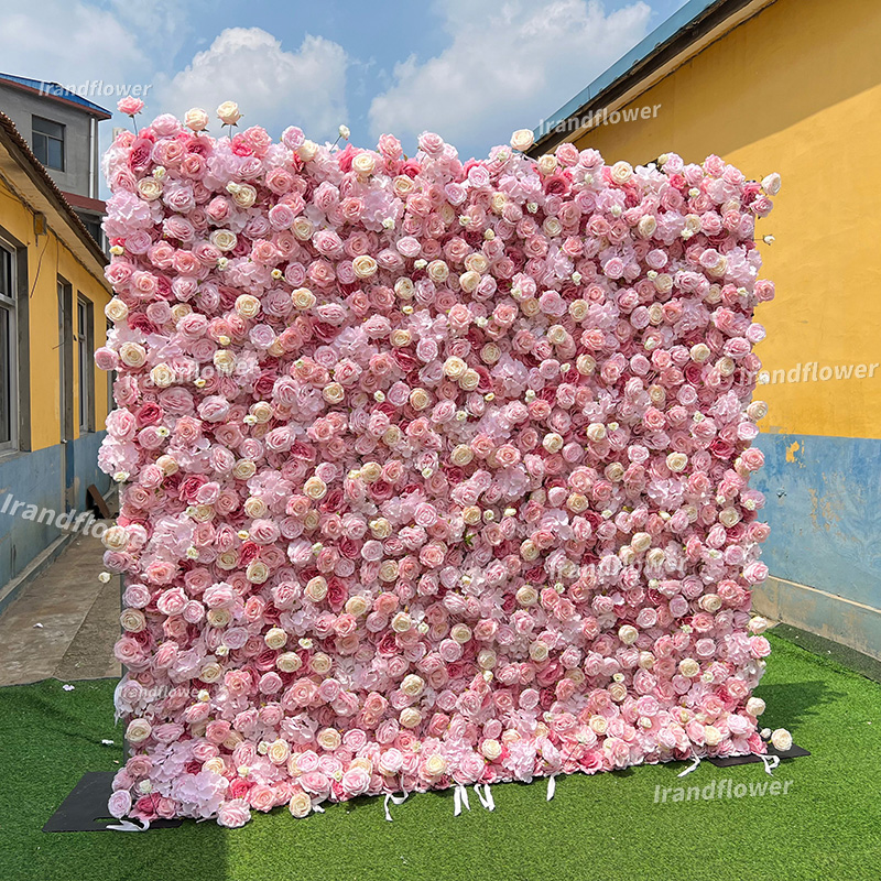 W062 8*8 ft floral backdrop pink flower wall  with a few cream roses  for wedding  decoration